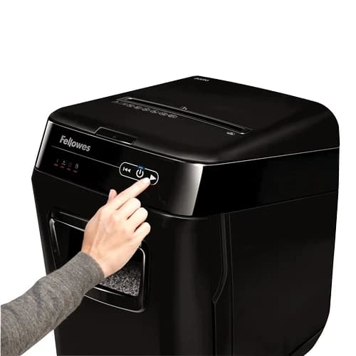 Шредер Fellowes AUTOMAX 200M Уровень секретности P-5, Фрагмент 2х14 мм, Перекрестный, Подача 10(200) лист, автоподача, автореверс, Емкость корзины 32 л, Уничтожение скоб, скрепок, пл. карт, Черный