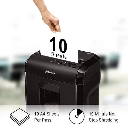 Шредер Fellowes MICROSHRED 10M Уровень секретности P-5, Фрагмент 2х12 мм, Подача 10(20) лист, Емкость корзины 19 л, Уничтожение скоб, скрепок, пл. карт, Черный