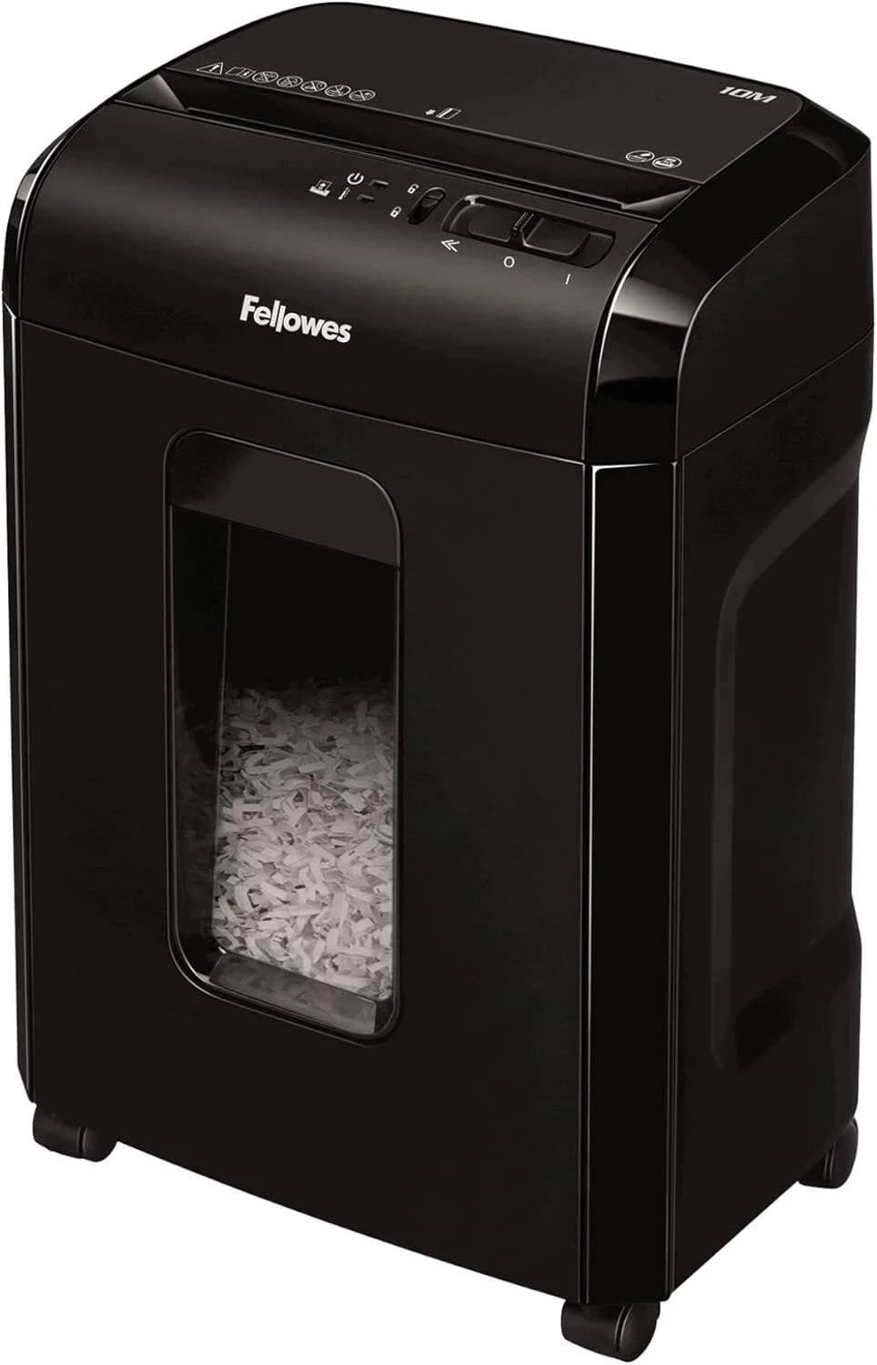 Шредер Fellowes MICROSHRED 10M Уровень секретности P-5, Фрагмент 2х12 мм, Подача 10(20) лист, Емкость корзины 19 л, Уничтожение скоб, скрепок, пл. карт, Черный