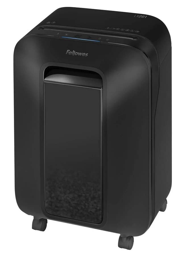 Шредер Fellowes POWERSHRED LX201 Уровень секретности P-5, Фрагмент 2х12 мм, Подача 10(15) лист, Емкость корзины 22 л, Уничтожение скоб, скрепок, пл. карт, Черный