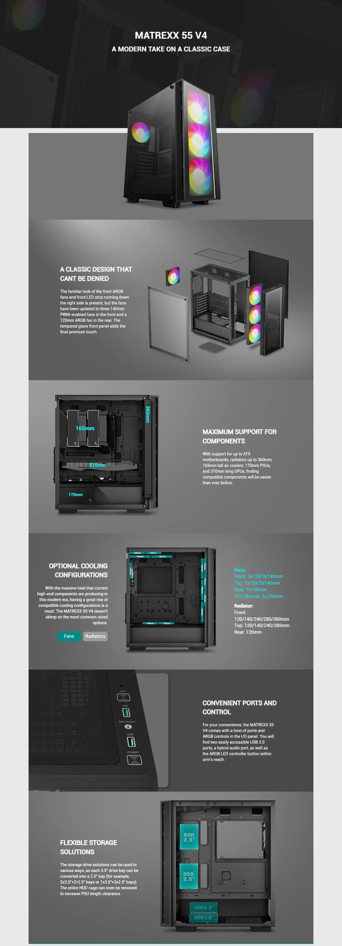 DEEPCOOL ATX MATREXX 55 V4 w/o PSU 2*USB 3.0 3×140mm + 1×120mm ARGB PWM fans
